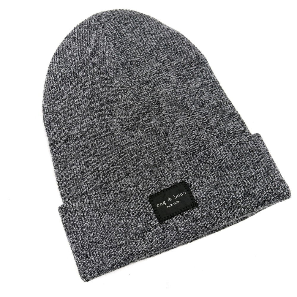 Rag & Bone Addison Beanie Grey Marled Knit Wool Blend Hat Logo Patch